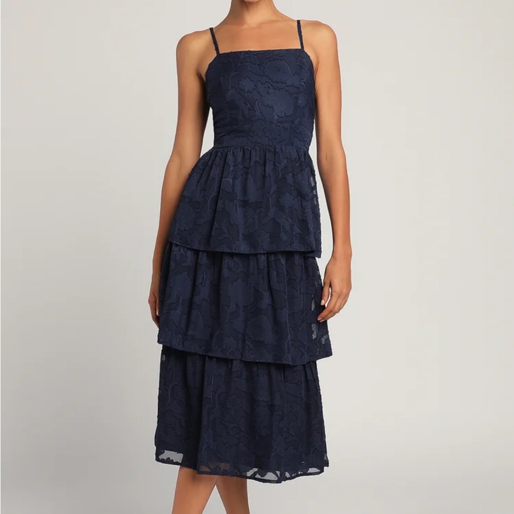 Navy Blue Floral Print Tiered Dress